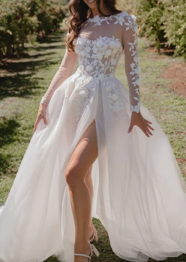 White Long Sleeve A-line Vestidos De Novia Sweet O-neck Flower Lace Wedding Dress Sexy Side Split Tulle Robe De Mariée