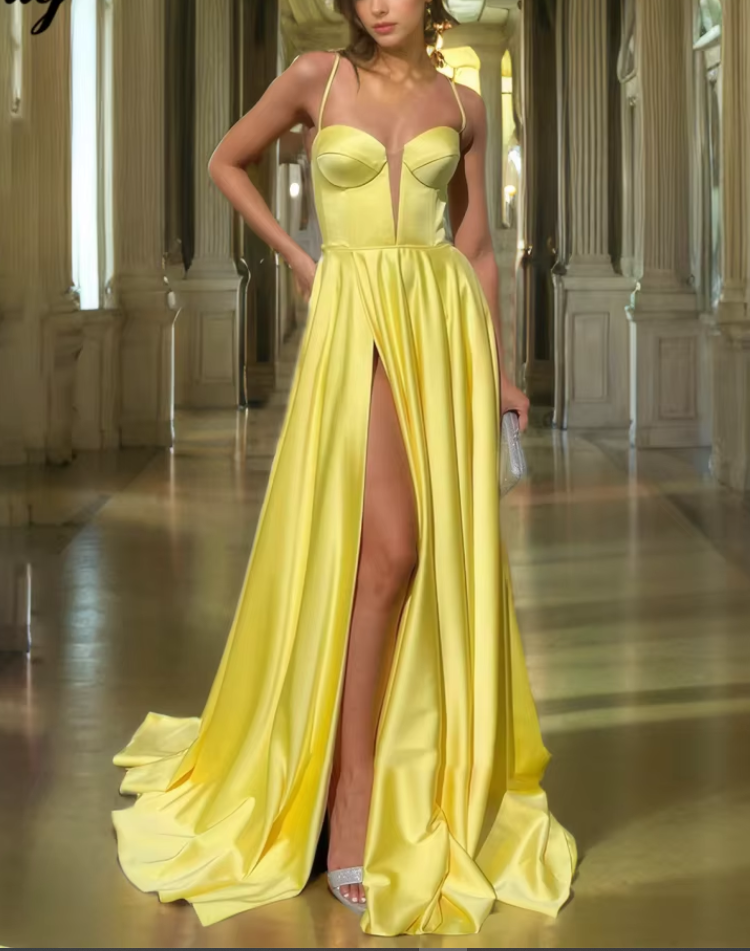 Sexy Satin Lemon Yellow Prom Dress Long PL722