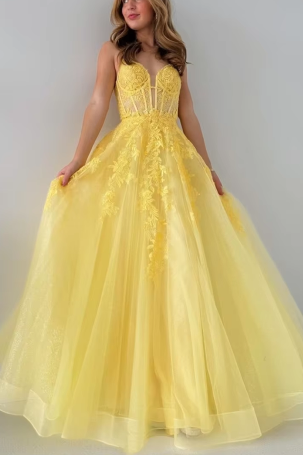 Spaghetti Straps 2025 Yellow Prom Dresses Long PL7235