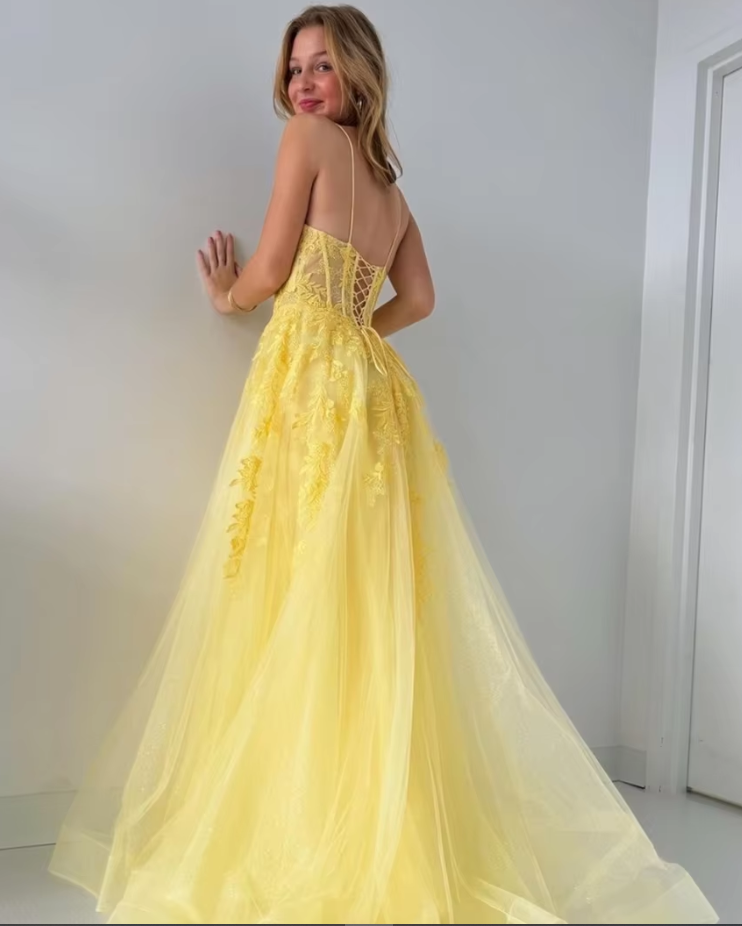 Spaghetti Straps 2025 Yellow Prom Dresses Long PL7235 Siaoryne Spaghetti Straps 2025 Yellow Prom Dresses Long PL7235 Siaoryne
