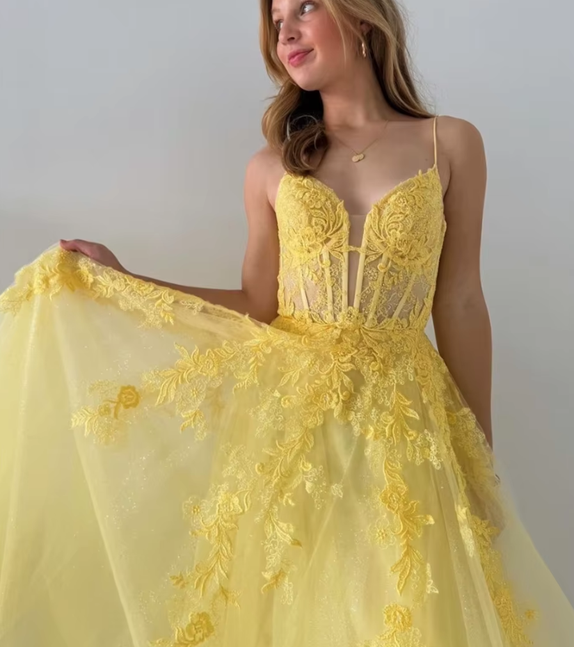 Spaghetti Straps 2025 Yellow Prom Dresses Long PL7235 Siaoryne Spaghetti Straps 2025 Yellow Prom Dresses Long PL7235 Siaoryne