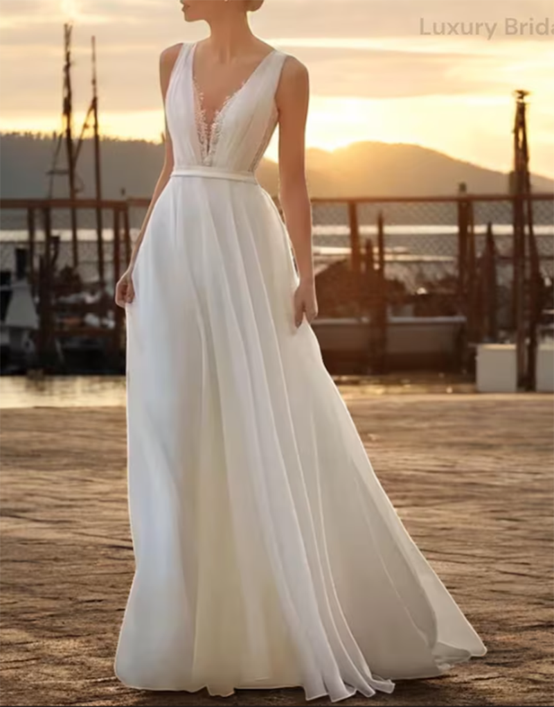 Sexy V Neck Chiffon and Lace Beach Wedding Dress for Women WD5525
