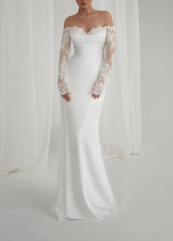 Elegant Long sleeves Sheath Wedding Bridal Dress with Satin Lace WD25521