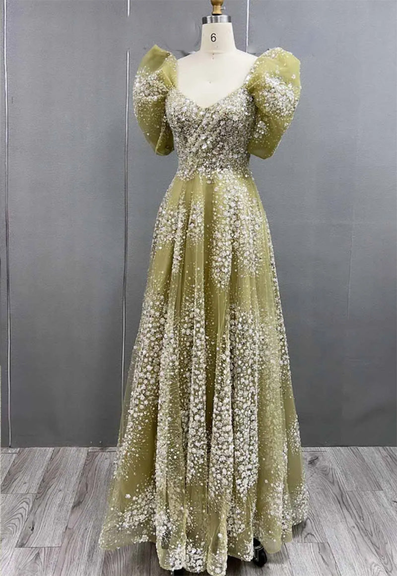 Princess Poofy Short Sleeves Sage Green Prom Dress with Crstal Beading   Siaoryne
