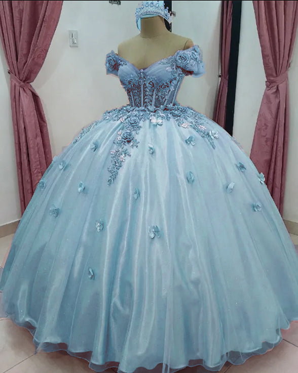 Light Sky Blue Ball Gown Quinceanera Debutante Dress with lace Flowers CS7123