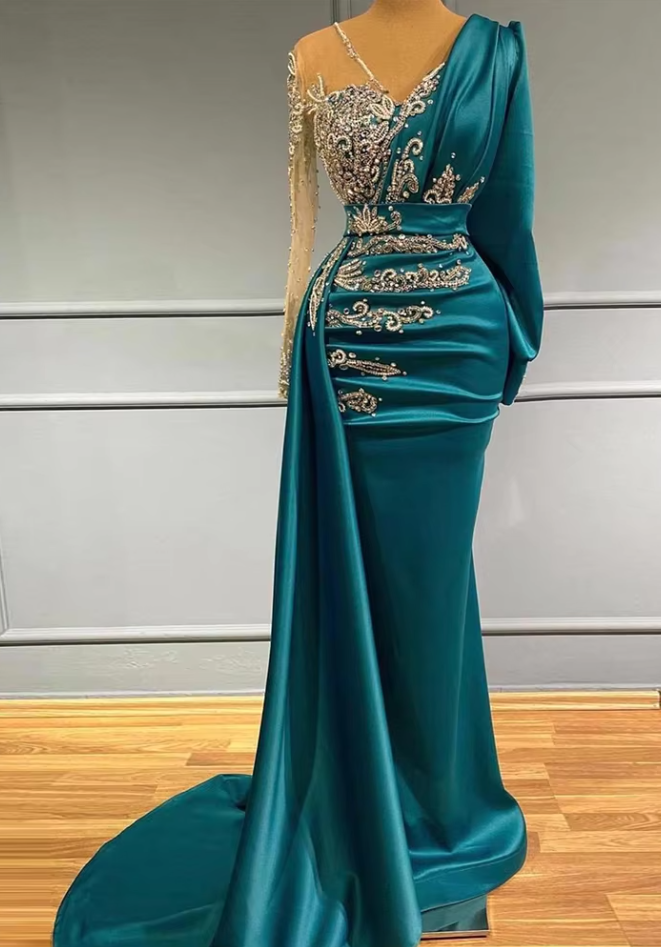 Sexy Teal green Formal Gowns Sheer Tulle V-Neck Long Sleeves Beading Applique Party Dresses For Lady Celebrity Evening Dress PL7263