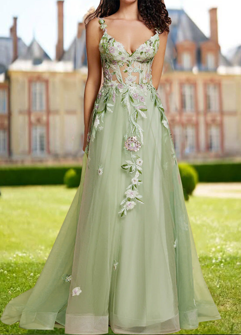 Robe longue de bal de fin d'année en dentelle fantaisie avec bretelles pour filles PL12207 