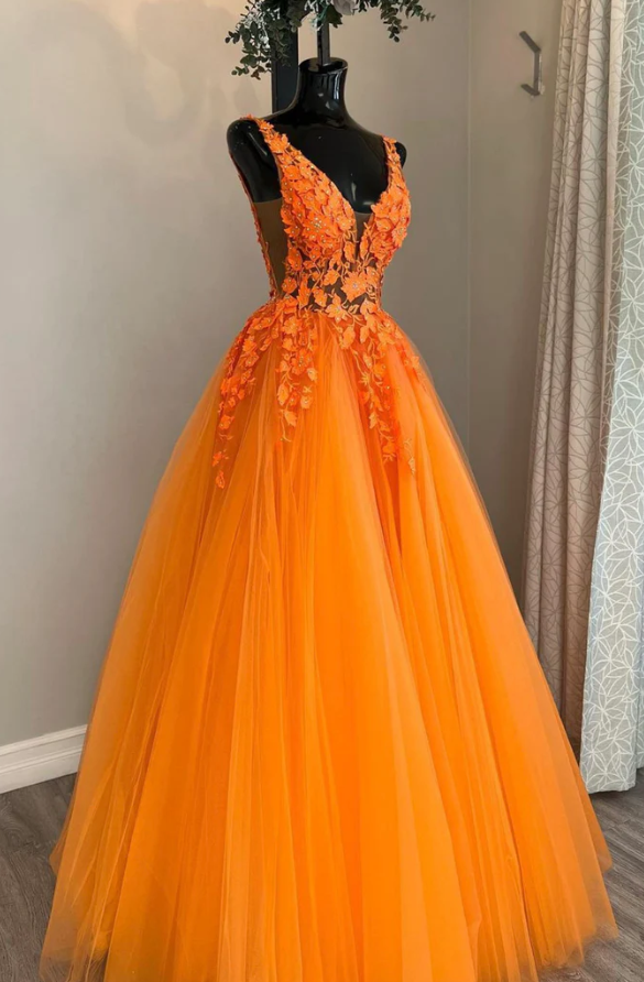 Robe de bal longue bouffante en dentelle et tulle orange brûlé fantaisie à col en V PL10162 