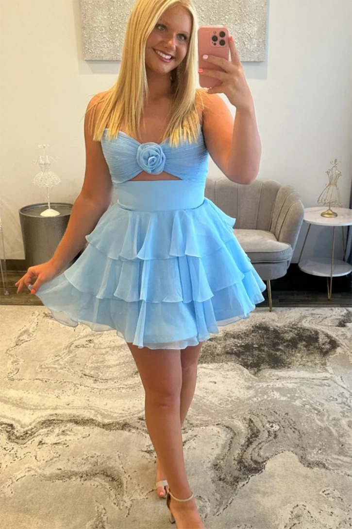 Strapless Blue Short Homecoming Dress with Ruffles Keyhole Party Mini Dress Hoco 2025 SP8233