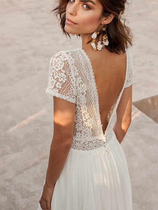 Sexy V Back Lace and Chiffon Beach Wedding Dress with  Short Sleeves WD43264