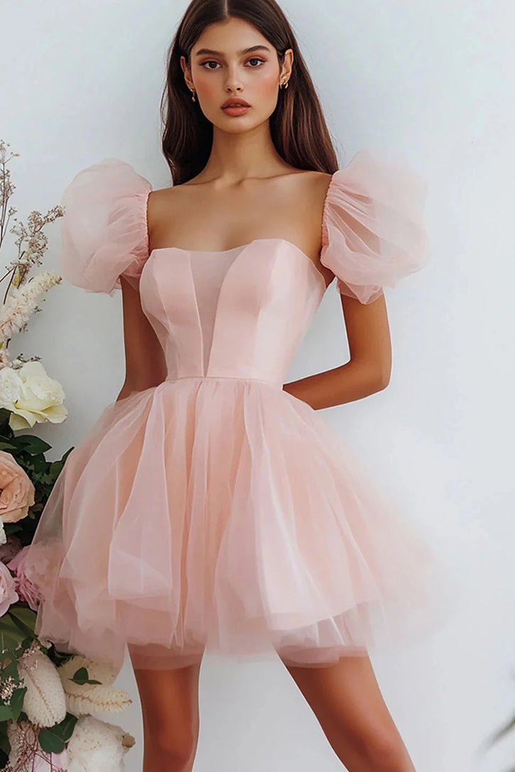 Cute Poffy Short Sleeves Pink Homecoming Dress Cocktail Gown SP8246