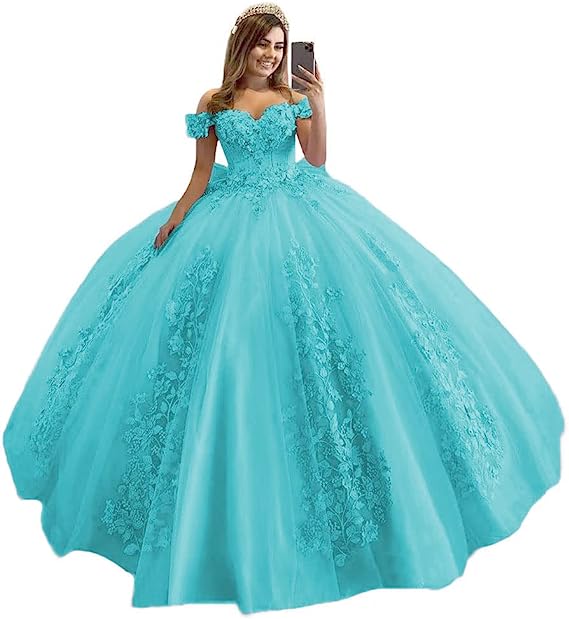 Women's Off Shoulder Pink Quinceanera Dresses 3D Flower Puffy Ball Gown Lace Beaded Prom Dresses for Sweet 15