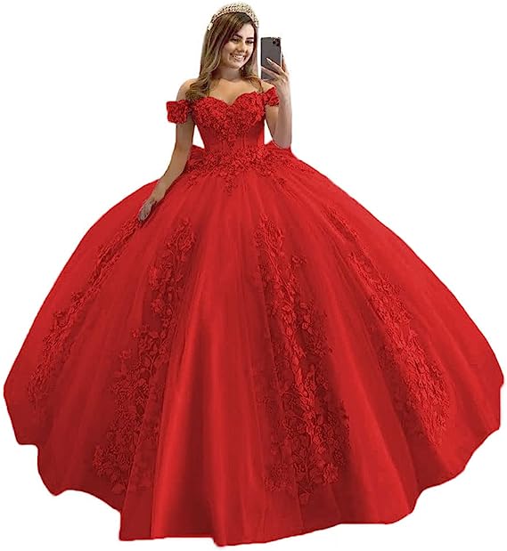 Women's Off Shoulder Pink Quinceanera Dresses 3D Flower Puffy Ball Gown Lace Beaded Prom Dresses for Sweet 15