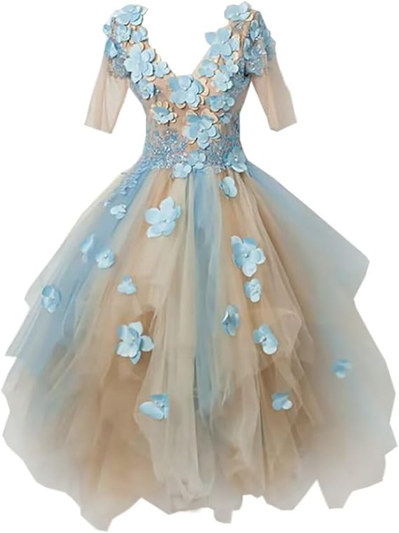 2024 Biege and Blue Poofy Short Prom Dress with sleeves SP4426