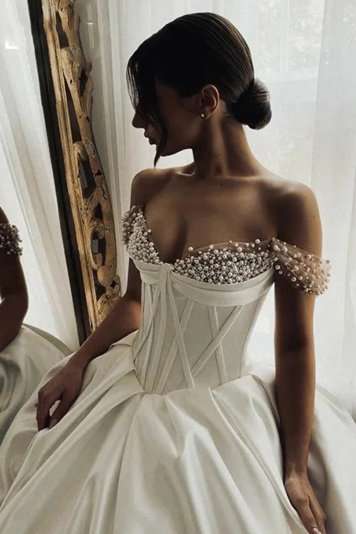 2025 New Elegant Satin and Pearl Ball Gown Bridal Wedding Dress WD1025