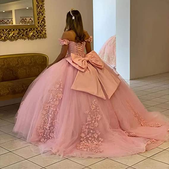 Women's Off Shoulder Pink Quinceanera Dresses 3D Flower Puffy Ball Gown Lace Beaded Prom Dresses for Sweet 15
