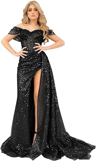 Glitter Black Off The Shoulder Sequin Mermaid Prom Dresses Long Ball Gowns PS115