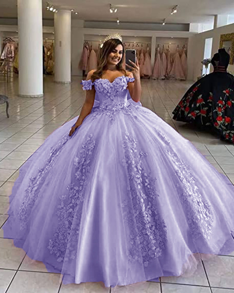 Women's Off Shoulder Pink Quinceanera Dresses 3D Flower Puffy Ball Gown Lace Beaded Prom Dresses for Sweet 15