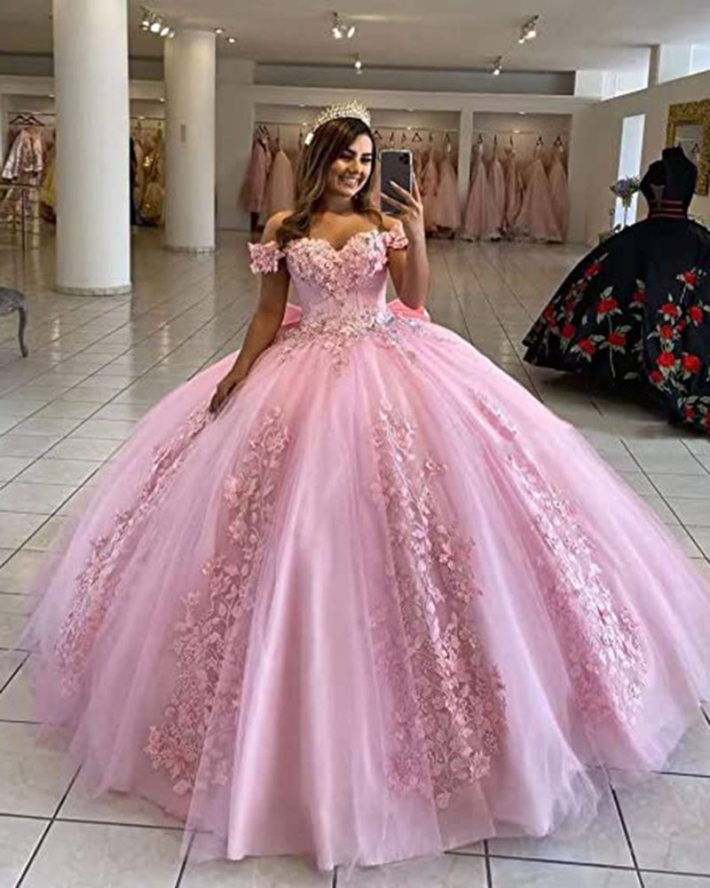 Women's Off Shoulder Pink Quinceanera Dresses 3D Flower Puffy Ball Gown Lace Beaded Prom Dresses for Sweet 15