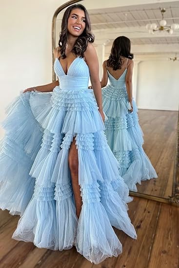 Lavender/Blue Layered Tulle A Line Prom Dress Gradaution Gown for Girls PS4131