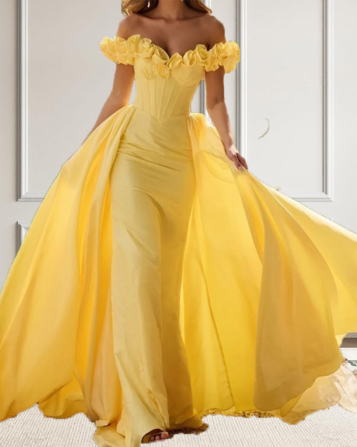 Beautiful Yellow Off Shoulder Mermaid Prom Dress with Train PL1113