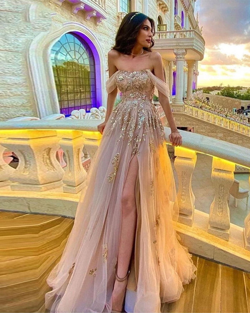 Sexy Off Shoulder A-Line Tulle  Pink Prom Dresses with Gold Lace Applique Slit Evening Gowns Vestidos De Mujer Elegantes Para Fiesta 2023  PL2365