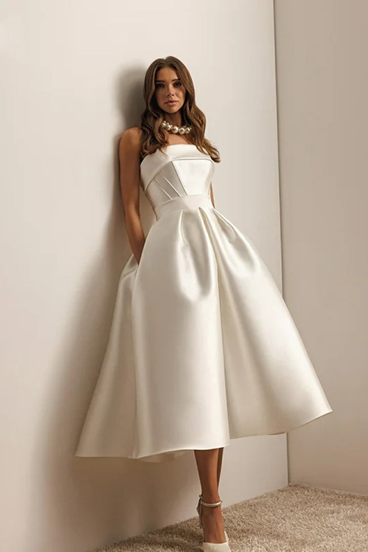 Strapless Sexy A Line Satin Ivory White Tea Length Short Wedding Dress