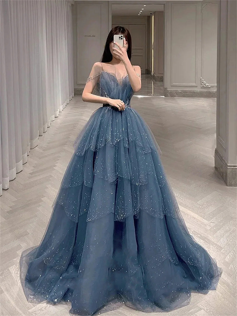 robe de bal longue en tulle pailleté bling bling bleu poudré 