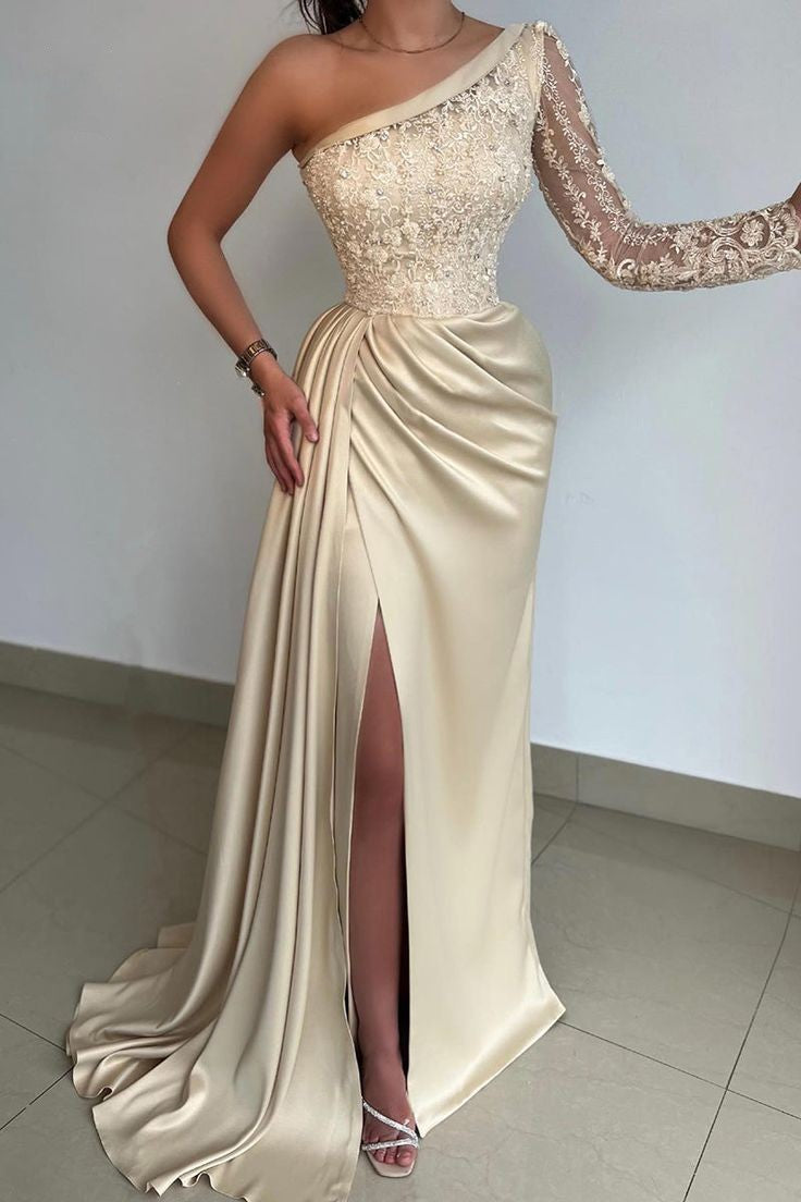 Sexy One Sleeve Champagne Fitted Prom Party Dress Long with  Slit PL2394
