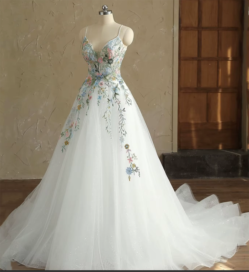 White  Prom Dress with Handmade Flowers PL312