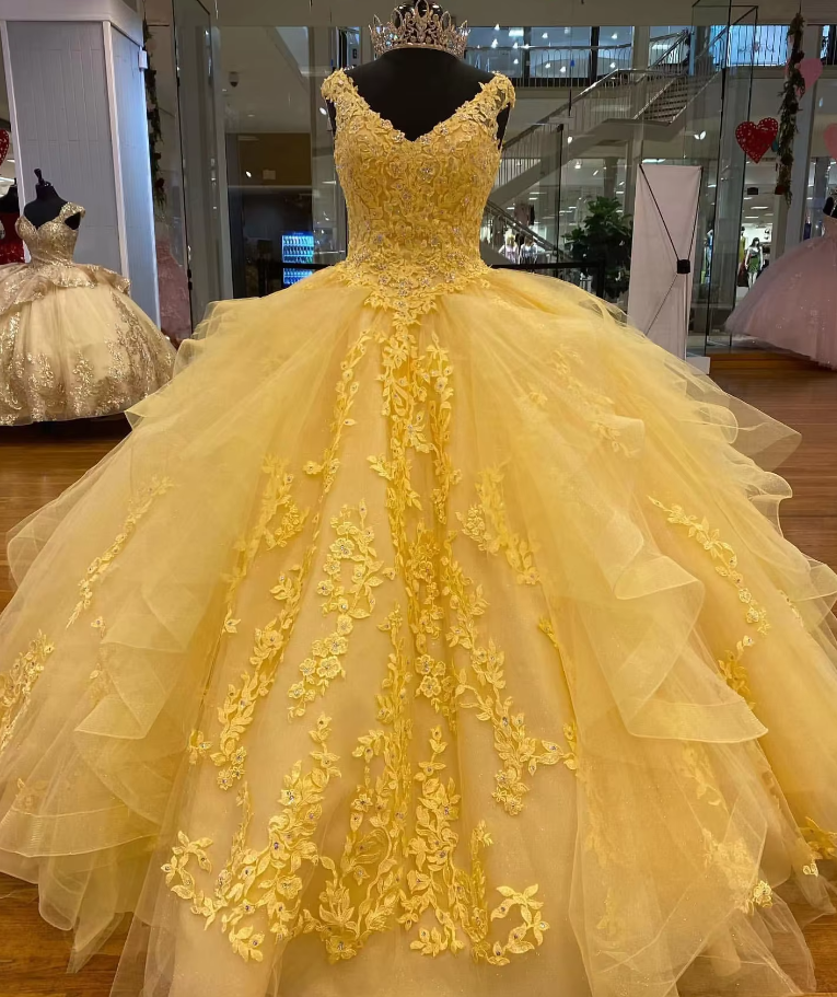 Superbe robe de bal jaune clair en dentelle pour filles PL1017 