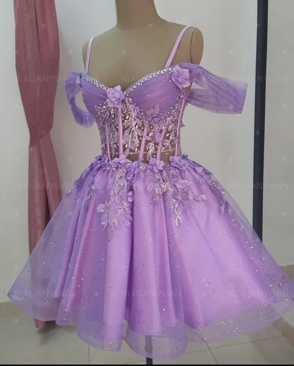 Lovely Lilac Beading Lace Short Homecoming Dress for Girls Vestido De Noivas curto SP8293