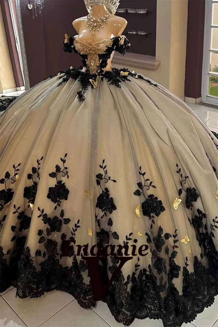 Black and Nude Lace Ball Wedding Dress Quinceanera Gown Dress For 15 Quinceanera WD1105
