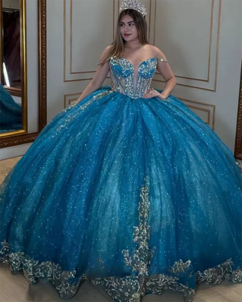 Off the Shoulder Blue Ball Gown Quinceneara Dress  Gold Appliques Corest Birthday Party Dresses Vestidos De15 Anos Vestido Customized PL11052