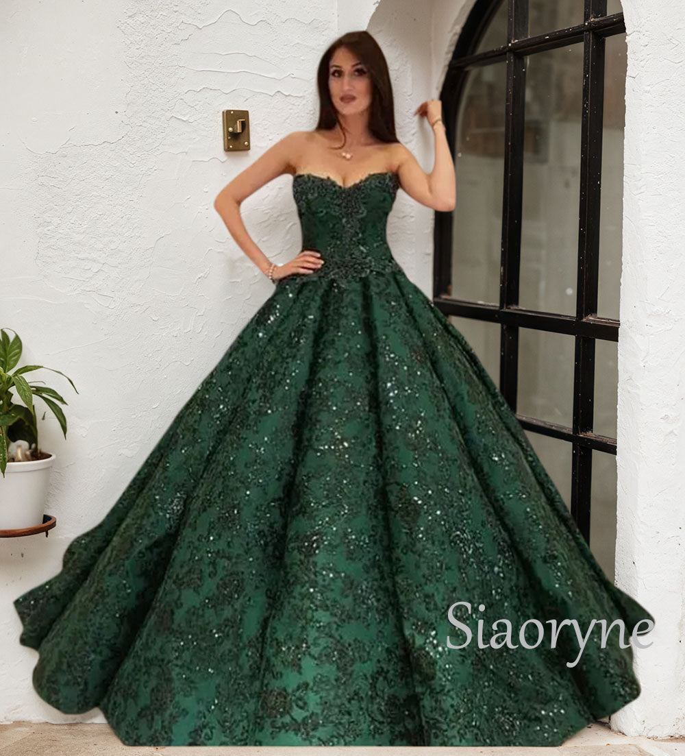Luxury Dark Green Sequin  Ball Gown Prom Dress Sweetheart Wedding Gown PL1124