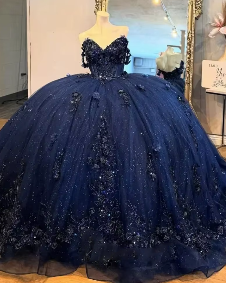 Navy Blue Ball Gown Flowers Quinceanera Dress PL1112