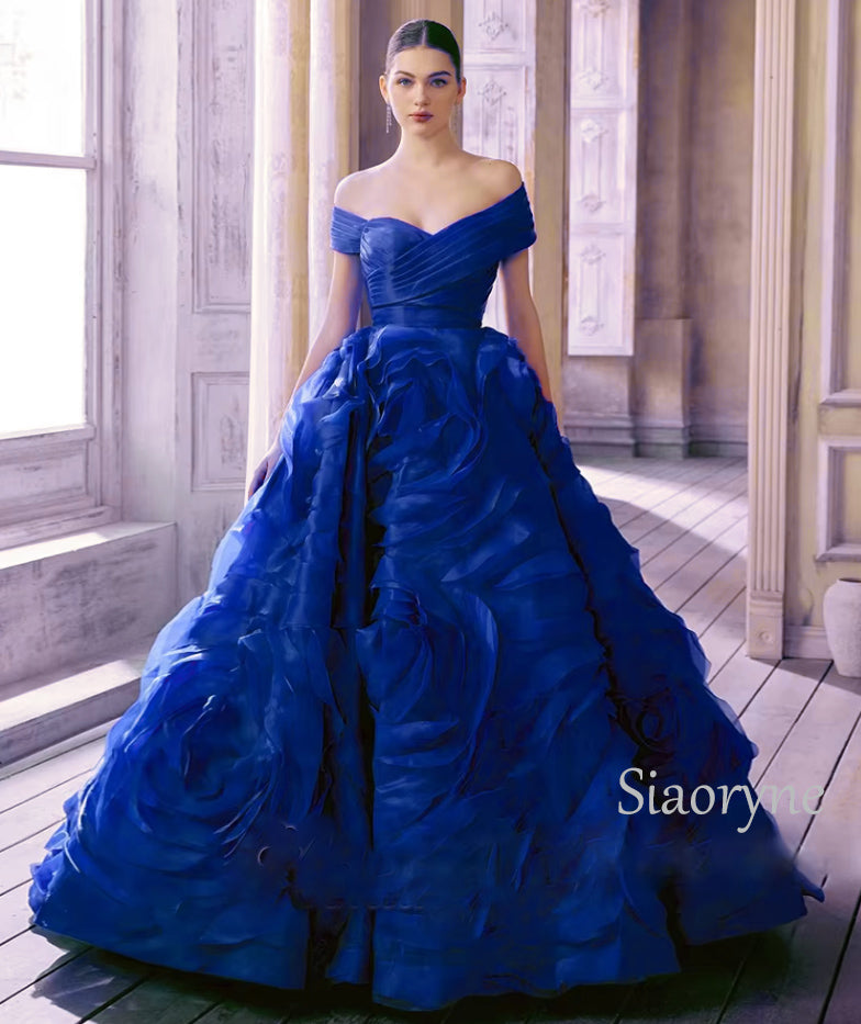 Royal Blue Ball Gown Wedding Dress with Handmade Flowers Formal Gown for Women 2026 WD1123