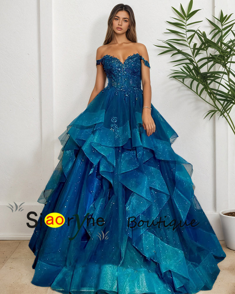 Gorgeous Layered Blue Prom Dresses for Women Beading Off the Shoulder Ball Gown  Ruffles Brush Train Vestidos De Gala Customized