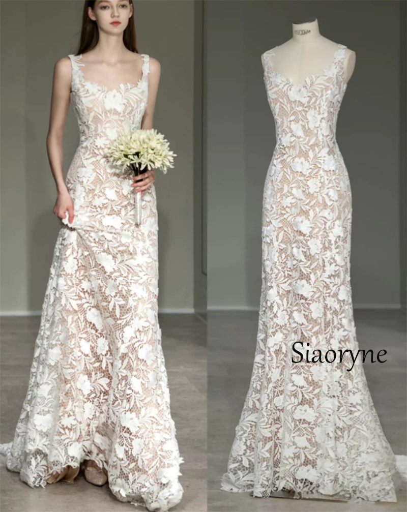 Romantic Lace Wedding Dress for Women 2026 Scoop Neck Sweep Train WD1201
