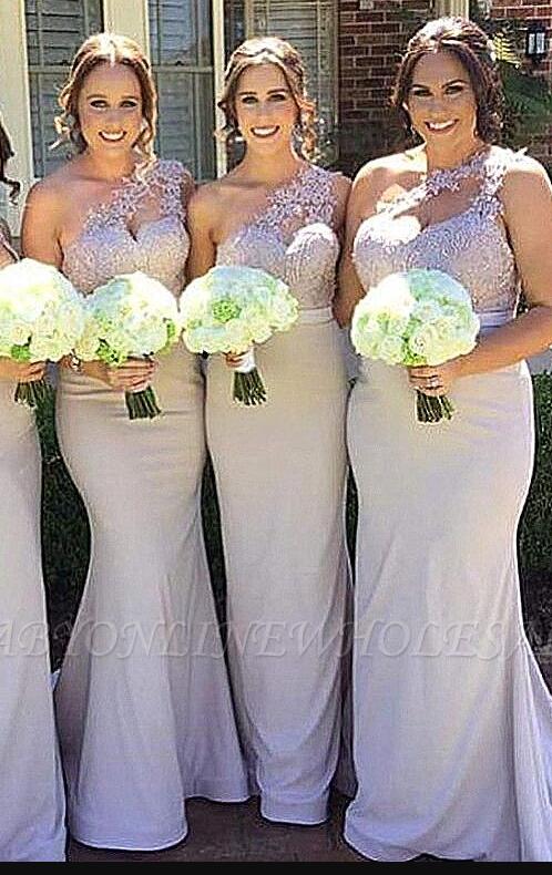 Fashion Sage Green Fitted Lace Dress Bridesmaid One Shoulder Wedding Party Gown PL1203