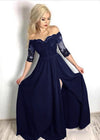 Fancy Black Half Sleeves lace Long Party Formal Prom Dresses for Girls with Slit