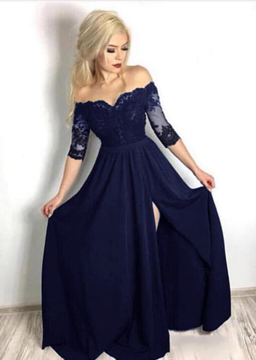Fancy Black Half Sleeves lace Long Party Formal Prom Dresses for Girls with Slit