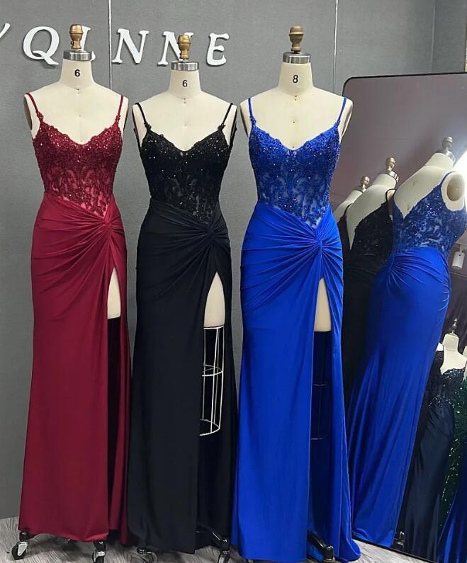 Royal blue /Burgundy /Black Spaghetti Long Slit Party Dresses Beading Sequined Spandex Fitted Prom Gown