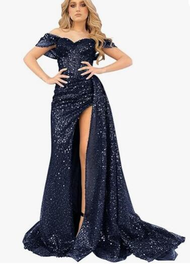 Glitter Black Off The Shoulder Sequin Mermaid Prom Dresses Long Ball Gowns PS115