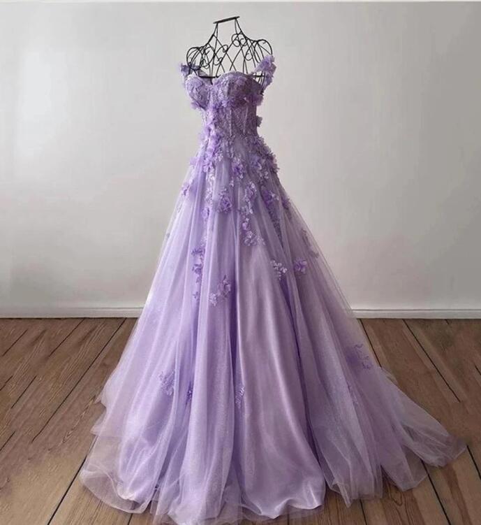 Lavender Off the Shoulder Flowers Prom Dress 2024 PL4321