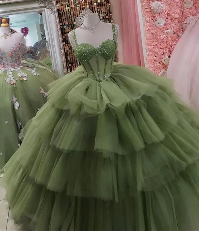 Green Ball Gown Layered Prom Dress Beaded Tiered Tulle with Straps PL2448