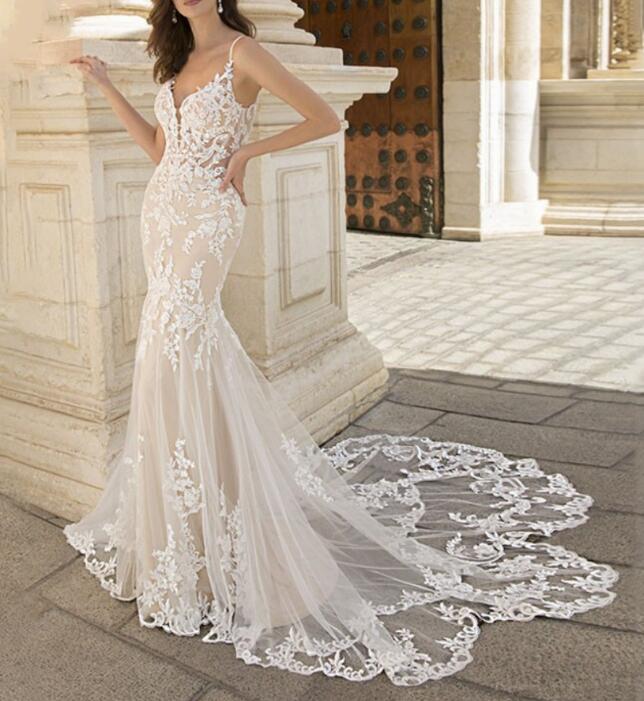 Ivory/Nude Lace Fit and Flare Wedding Dress WS4521