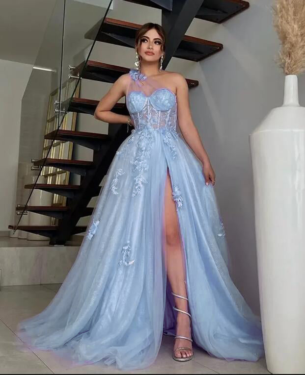 Sexy Blue  Prom Dresses One Shoulder A-line  Sleeveless Floor-Length Split Vestidos De Fiesta PS4530