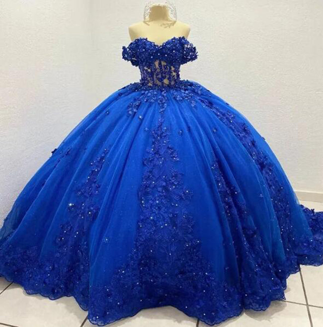 Princess Ball Gown Royal Blue Wedding Dress  Sparkly Appliques Tulle Lace Robes De Ball WD4630