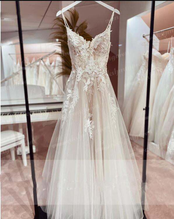 Spaghetti Straps Lace Ivory Beige Wedding Dress Open Back Civil Bridal Bohemian Wedding Gowns Vestidos de Nova